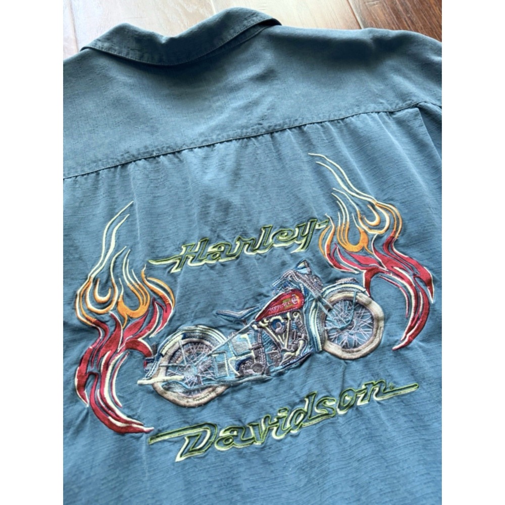Tommy Bahama Harley Davidson Motorcycle 100% Silk Shirt 2XL Blue Embroidered